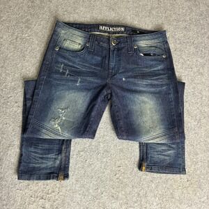 Affliction Mens 33x30 Moto Jeans Blue Distressed Biker Slim Fit Ankle Zip Denim